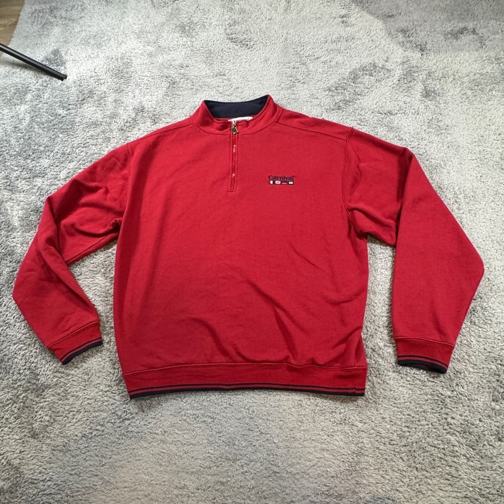 Carnival Mens Quarter Zip Sweatshirt L/XL Red Nautical Flag Embroidered Fleece